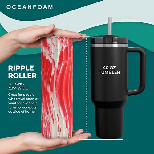 Oceanfoam Ripple Travel Foam Roller (11" x 3.35") Firm Mini Foam Roller for Physical Therapy, Deep Tissue Massage, Back Pain - High Density, Ergonomic Wave Textured - Yoga, Exercise (Red Marbled) - Image 2
