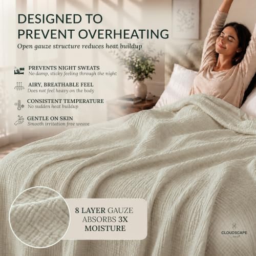 CLOUDSCAPE 8 Layer 100% Cotton Muslin Bed Blanket Queen Size 92"x92" - Fog - Image 3