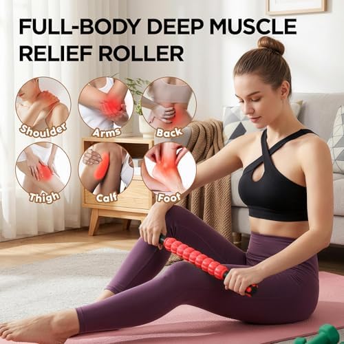 Muscle Roller & Massage Roller Stick for Athletes - Lymphatic Drainage Support, Relieves Muscle Soreness, Cramping & Tightness - Targets Legs, Arms, Back & Calves （Red Wheel） - Image 3
