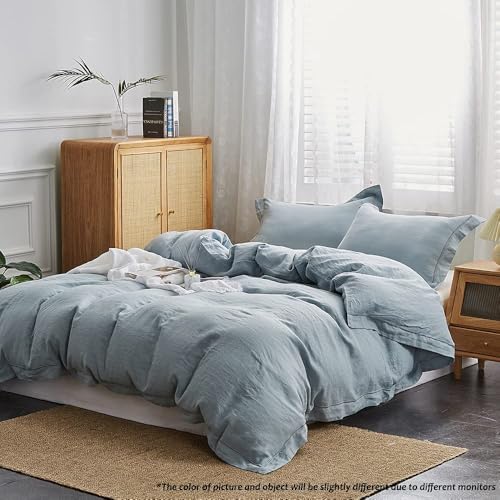 Simple&Opulence 100% Linen Duvet Cover Set with Embroidery Border Washed - 2 Pieces (1 Duvet Cover & 1 Pillow Sham) with Button Closure Soft Breathable Farmhouse - Dusty Blue, Twin Size - Image 6