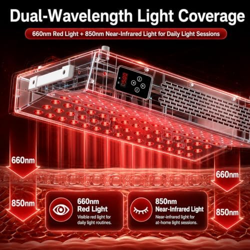 Red Light Therapy Panel with 660nm Red & 850nm Near Infrared Light, 105 Dual-Chip LEDs for Face and Body, 3 Modes, Digital Timer, Stand, Eyewear - Image 2