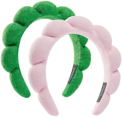 Ztomine Spa Headbands - Set of 2: Terry Cloth Face Wash Headbands - Puffy Pink + Turquoise Combo Pack by Ztomine