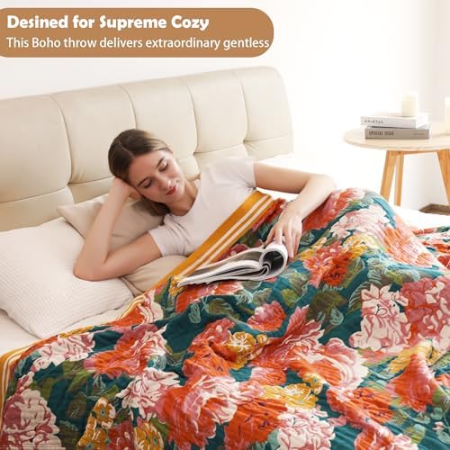 VANJOROY Boho Throw Blanket, 100% Organic Cotton Breathable Ultra Soft 60" x 80" Bed Quilt Throw - All Season Floral Rustic Farmhouse Decor Luxury Reversible Blanket for Sofa Couch Chair and Gift - Image 2