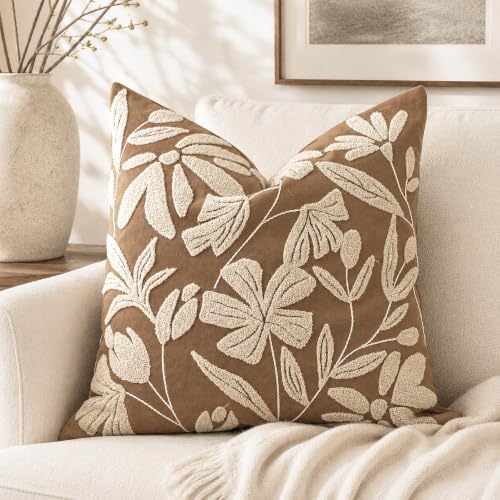 BlissBlush 20x20 Throw Pillow Cover, Square Brown Decorative Cushion Cover for Couch Sofa, Embroidered Velvet Farmhouse Accent Pillowcase (Cover Only) by BlissBlush