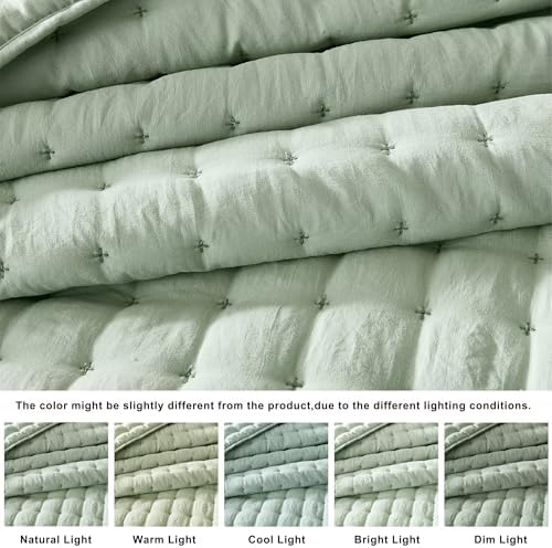 WDCOZY Sage Green King Size Quilt Bedding Sets with 2 Pillow Shams, Lightweight Soft Bedspread Coverlet, Quilted Blanket Thin Comforter Bed Cover for All Season, 3 Pieces, 104x90 inches - Image 2