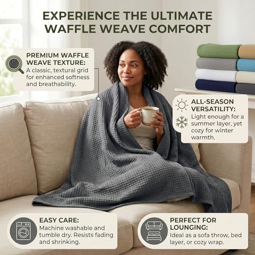 Tex Trend 100% Cotton Waffle Weave Blanket King Size - Soft, Breathable Cooling Blanket for Bed, Lightweight Cozy Summer & Spring Bedding, Grey, 90x108 - Image 4