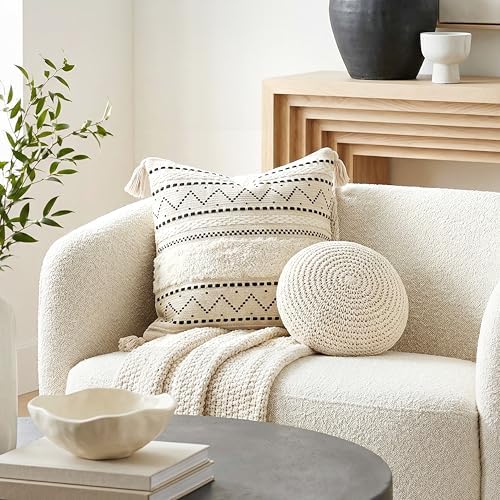 BlissBlush 18X18 Throw Pillow Cover, Cream Neutral Square Decorative Cushion Cover with Black Pattern, Boho Accent Pillowcase with Tufted Details and Tassels for Couch Sofa Living Room (Cover Only) - Image 3