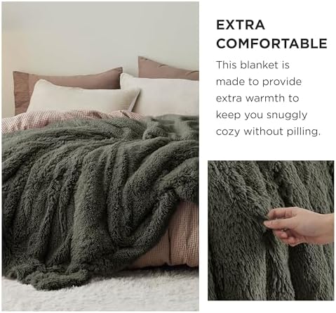 Bedsure Faux Fur Fluffy Sherpa Throw Blanket Couch Twin Olive Green 60"x80" - Image 3