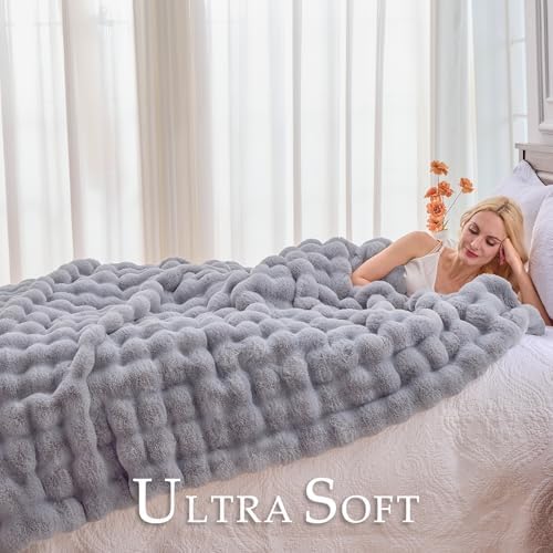 BENVWE Fluffy Faux Fur Throw Blanket for Couch, Soft Plush Thick Cozy Fuzzy Luxury Minky Bubble Blanket for Home Living Room Decor Gift for Women, Light Grey, 63" x 80", 1100GSM - Image 3