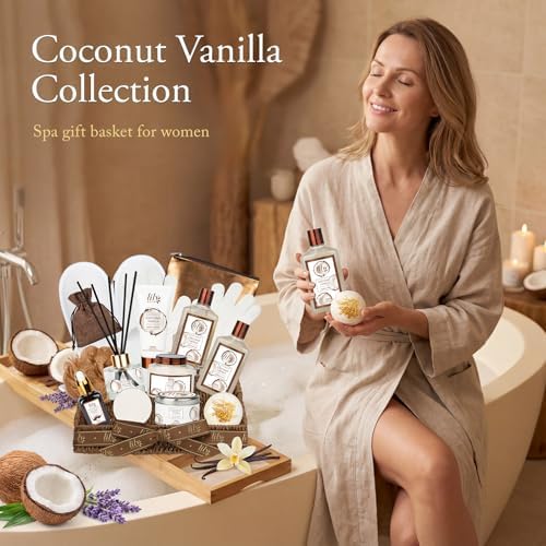Coconut Vanilla Spa Gift Set, Complete Spa Gift Baskets for Women & Men - Image 6