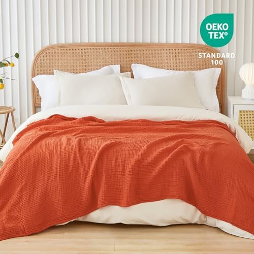 EMME Cotton Muslin Queen Blanket Bed Layering Bedspread Coverlet Breathable Gauze Soft Lightweight Adults (Heather Orange Rust, 90"x90") - Image 4
