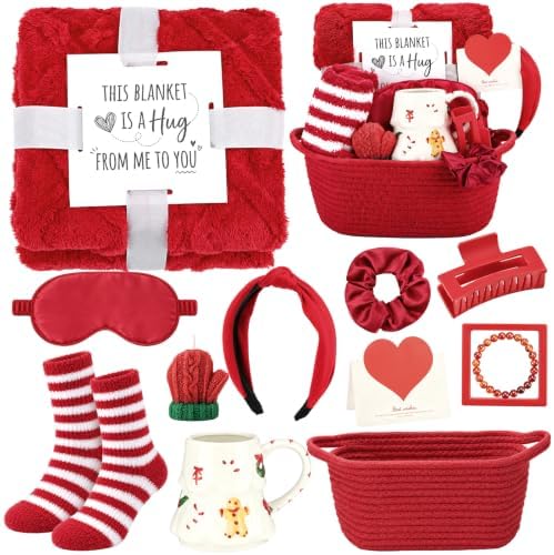 Willinglong 11 Pcs Christmas Basket Gifts for Women- Red Xmas Gift Set with Candle Basket Blanket Mug Scrunchie Headband Socks Bracelet Hair Claw Eye Mask Greeting Card for Mom Wife Teacher by Willinglong