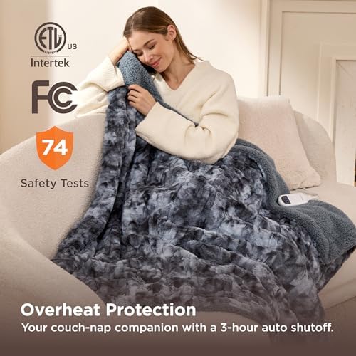 Bedsure Faux Fur Heated Blanket Throw Blanket, Fast Heating Electric Blanket with 6 Heating Levels & 4 Time Settings, Cozy Gifts for Women Men (50x60 inches, Grey) - Image 6