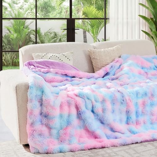 Lotus Karen Faux Fur Throw Blanket Tie-Dye Purple Rainbow - Big Bubble Rabbit Fluff Blanket for Couch, Large Fluffy Fuzzy Cozy Blanket,Thick Furry Plush Shaggy Blankets,108x90 Inches - Image 2