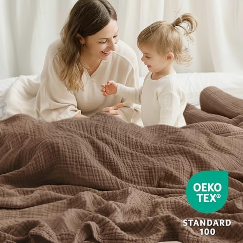 100% Cotton Muslin Blanket King 108" x 90", Breathable and Lightweight Cotton Throw Blanket for Bed, Soft Cooling Summer Gauze Blanket for Adults All Season, Brown - Image 5