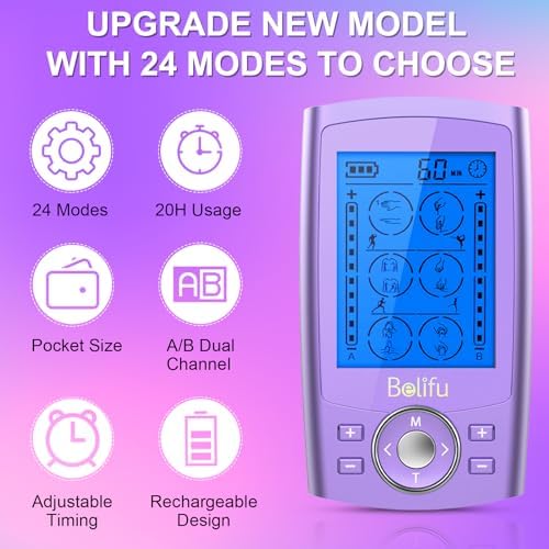 Belfiu TENS & PMS 24 Modes Muscle Stimulator for Pain Relief Therapy, Electronic Pulse Massager Muscle Massager with 10 Pads, Dust-Proof Drawstring Storage Bag, Fastening Cable Ties - Image 3
