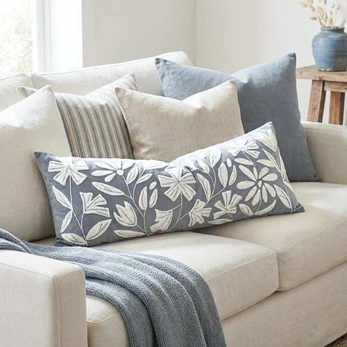 BlissBlush Long Lumbar Pillow Cover 14x36 for Bed, Coastal Dusty Blue Floral Tufted Velvet Accent Oversize Throw Pillowcase for Bedroom, Cover Only - Image 5