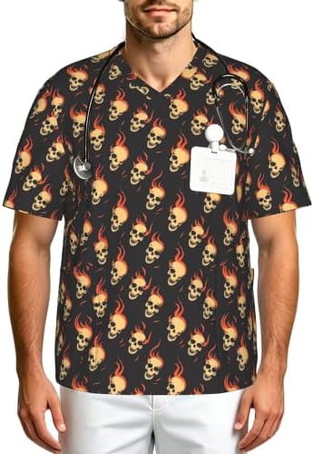 Men's Scrub Top,V-Neck Spill Wrinkle Resistant,3 Pockets-Skull Flame (3) by Unknown