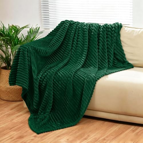 Bnuitland Dark Green Flannel Throw (50X71 inches),300GSM Super Soft Fleece Stripe Pattern Sofa Blanket, Lightweight Cozy Bed Throw for Home Decor All Season - Image 2
