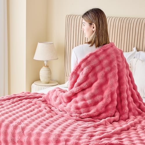 NEWCOSPLAY 3D Bubble Flannel Throw Blanket for Couch Coral Pink, 90"×90" - Image 5