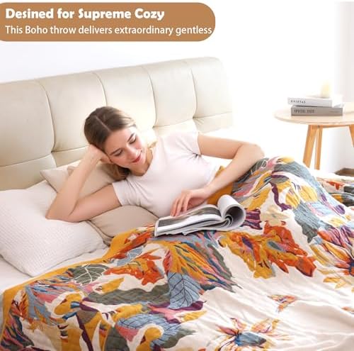 VANJOROY Boho Throw Blanket, 100% Organic Cotton 50x60 for Couch Bed, Beige - Image 4