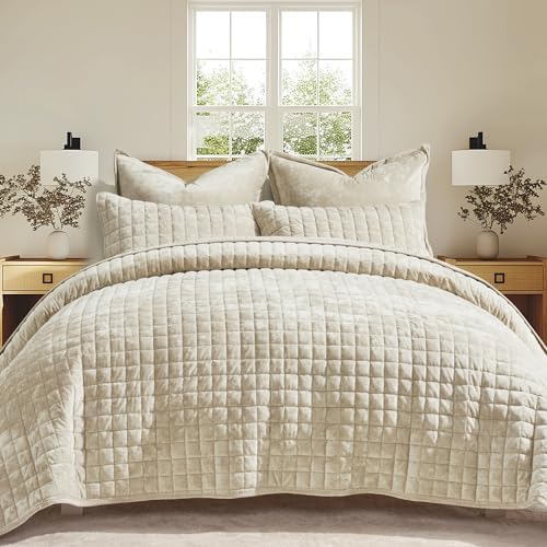 RECYCO Channel Box Stitch Velvet Quilt Set, Full Queen Size, Beige by RECYCOHOMECOLLECTION