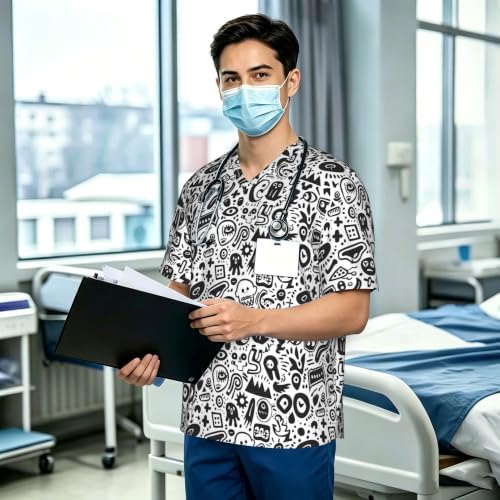 Men's Scrub Top,V-Neck Spill Wrinkle Resistant,3 Pockets-Doodle Pattern (5) - Image 3