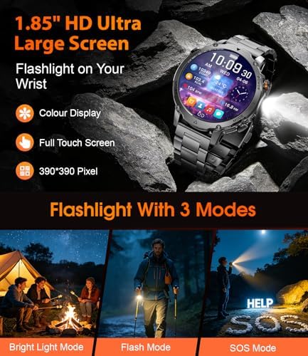 LIGE Military Smart Watch for Men, 1400mAh 60-Days Battery, 1.85" HD Smartwatch with LED Flashlight, 100+ Sports Mode, IP68 Waterproof, Pedometer, Fitness Watch for Android iOS - Image 3