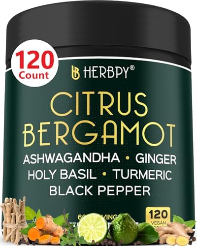 Herbpy 6in1 Citrus Bergamot Supplement with Ashwagandha, Holy Basil, Turmeric & Ginger Root - Healthy Aging, Immune & Relaxation - 120 Vegan Capsules by HERBPY