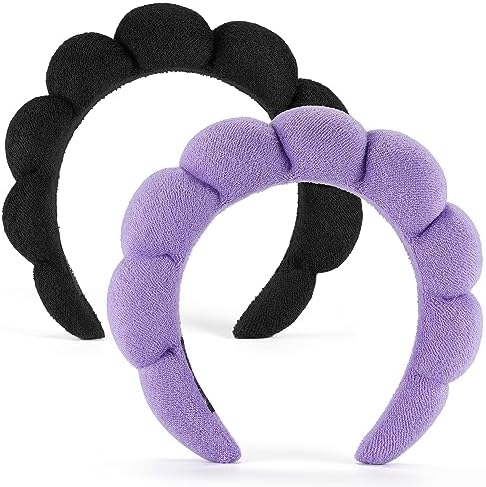 Ztomine Terry Cloth Spa Headbands for Washing Face or Facial, Set of 2, Black & Purple - Puffy Makeup Headbands for Face Washing, Mask, Skin Treatment by Ztomine