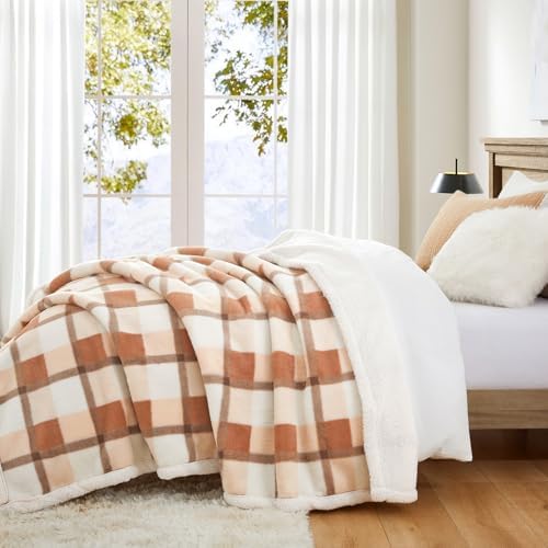 PU MEI Super Soft Faux Rabbit Fur Sherpa Fleece Throw Blanket, Reversible Luxury Cozy Cute Furry Blanket, Plush Warm Shaggy Fluffy Checkered Blankets for Sofa Couch Bed (Beige-Plaid, 60" x 80") - Image 5