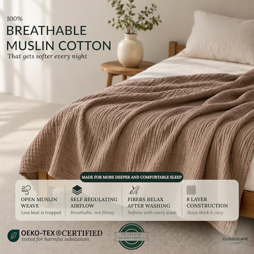 CLOUDSCAPE 8 Layer 100% Cotton Muslin Blanket Queen 92"x92"- Mocha Mousse - Image 2