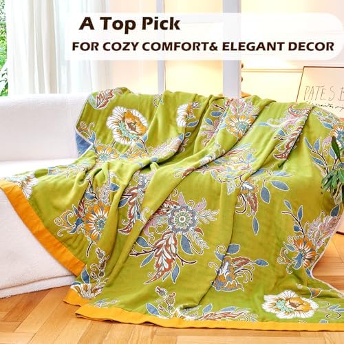 VANJOROY Boho Throw Blanket 50" x 60", 100% Organic Cotton Breathable Ultra Soft Bed Quilt Throw - All Season Luxury Floral Farmhouse Decor Blanket for Sofa Couch Chair and Gift. Green/Blue - Image 5