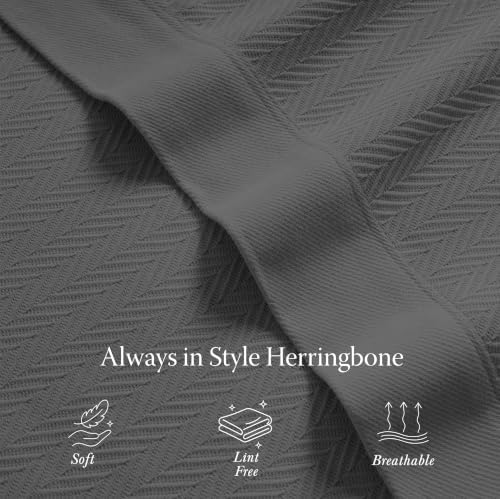 Threadmill Luxury 100% Cotton Queen Herringbone Blanket, Dark Grey - Image 5