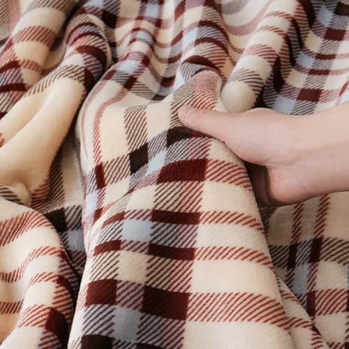 PU MEI Sherpa Fleece Throw Blanket 80" x 90" Reversible Plush Fluffy Large Big Blanket Lattice Flannel Blankets for All Season Use, Beige Stripe - Image 3