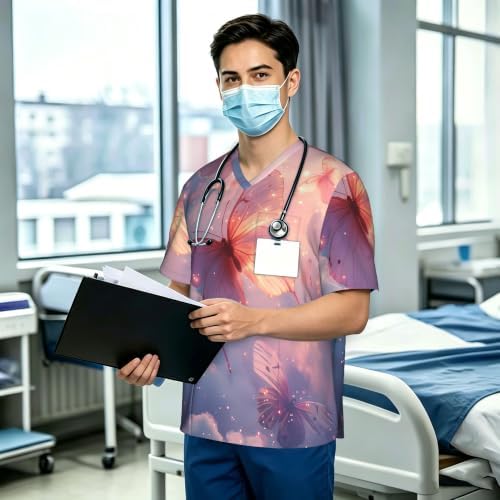 Men's Scrub Top,V-Neck Spill Wrinkle Resistant,3 Pockets-Butterfly Aesthetic (4) - Image 3