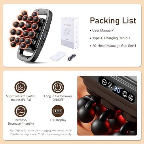 20 Heads Massage Gun Deep Tissue, Valentine's Day Gifts, Deep Tissue Massager with 3 Modes & 30 Levels & Ultra-Quiet, Handheld Body Massager for Back, Neck, Shoulders and Legs - Image 5