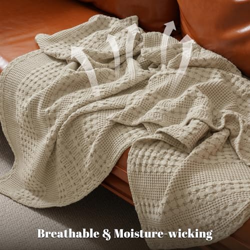 PHF Lightweight 100% Cotton Waffle Blanket for Bed, King, Khaki - Image 3