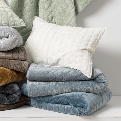 RECYCO Channel Box Stitch Velvet Quilt Set, King Size, Blue Linen - Image 6