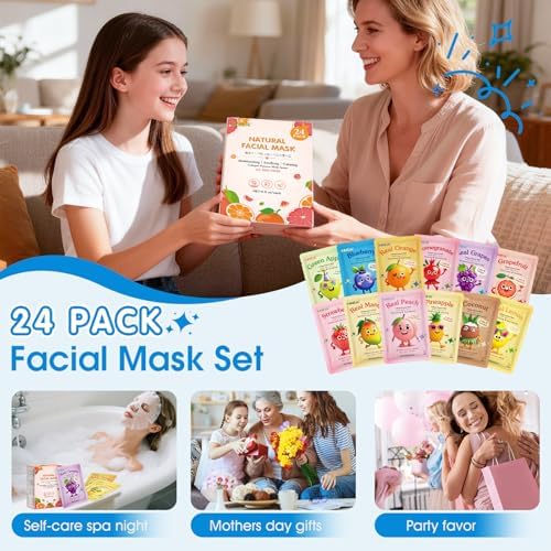 KONEUK 24 Pack Fruit Kids Face Mask, Collagen Hydrating Face Masks Skincare - Image 5