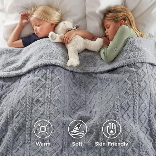 Bedsure Sherpa Fleece Blanket, Cable Jacquard Tufted, Warm, Twin, Grey - Image 2