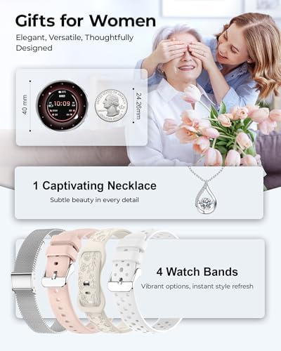 Smart Watch for Women, 1.27" HD Fitness Tracker with 4 Bands & Necklace Gift Set, Heart Rate SpO2 Sleep Monitor, 120+ Sport Modes, Call & Notifications, Smartwatch for Android iPhone, 40mm Silver - Image 2