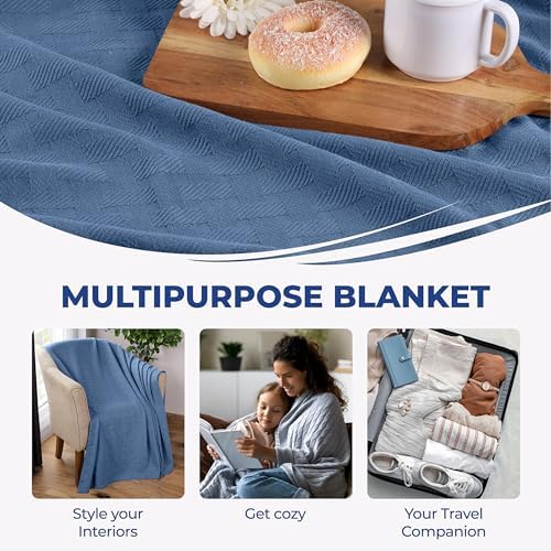 Superior Cotton Blanket Breathable All Season Comfy Bedding, Throw, Denim Blue - Image 5