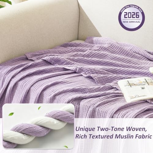 EMME Cotton Muslin Queen Blanket Bed Layering Bedspread Coverlet Breathable Gauze Soft Lightweight Adults (Heather Lavender, 90"x90") - Image 2