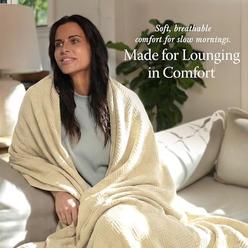 Threadmill Luxury 100% Cotton Queen Herringbone Blanket, Vanilla Cream - Image 3
