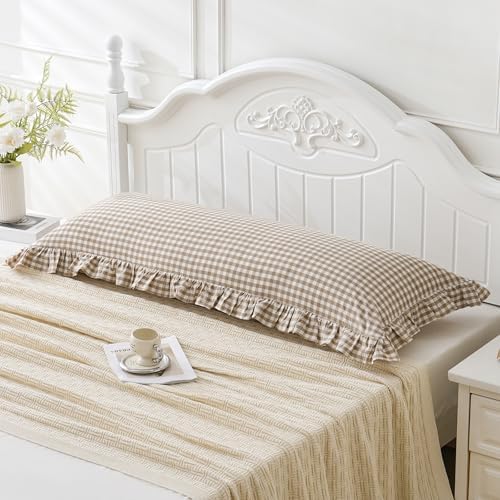 Taupe/White Plaid Ruffled Body Pillow Cover Washed Cotton 20"x54" - Image 2