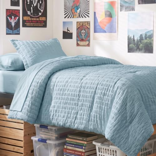 CozyLux Twin XL Comforter Set, 5 Pieces Light Blue Seersucker Bed in a Bag by CozyLux