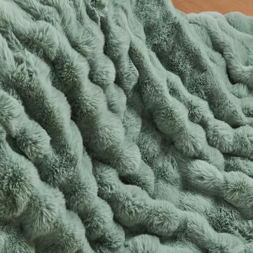 Lotus Karen Faux Fur Throw Blanket Sage Green - Big Bubble Rabbit Fluff Blanket for Couch Bed Sofa,Softest Fluffy Fuzzy Cozy Blanket, Plush Thick Furry Shaggy Warm Blankets for Women,50x60 Inches - Image 6