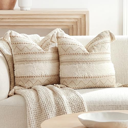 BlissBlush Decorative Throw Pillow Covers 20x20 Combo Set of 2 Square Cream Neutral White Boho Accent Pillowcase Tassels Farmhouse Cushion for Couch Sofa Bedroom Living Room Home Décor Cover ONLY by BlissBlush