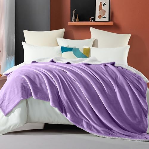Elegant Comfort Ultra Soft Reversible Flannel Sherpa Blanket - Cozy Silky Fleece Throw for Couch, Bed - Plush Fuzzy Warm Winter Blanket for Gift, Full, Lilac - Image 2